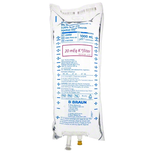 B. Braun. L6450 0.15% Potassium Chloride in 5% Dextrose and 0.20% Sodium Chloride Injection USP, 1000 mL