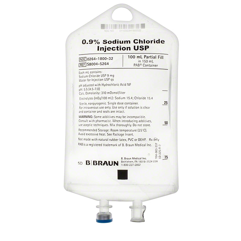 B. Braun S8004-5264 0.9% Sodium Chloride Injection USP, 100 mL Fill in 150 mL PAB® Container