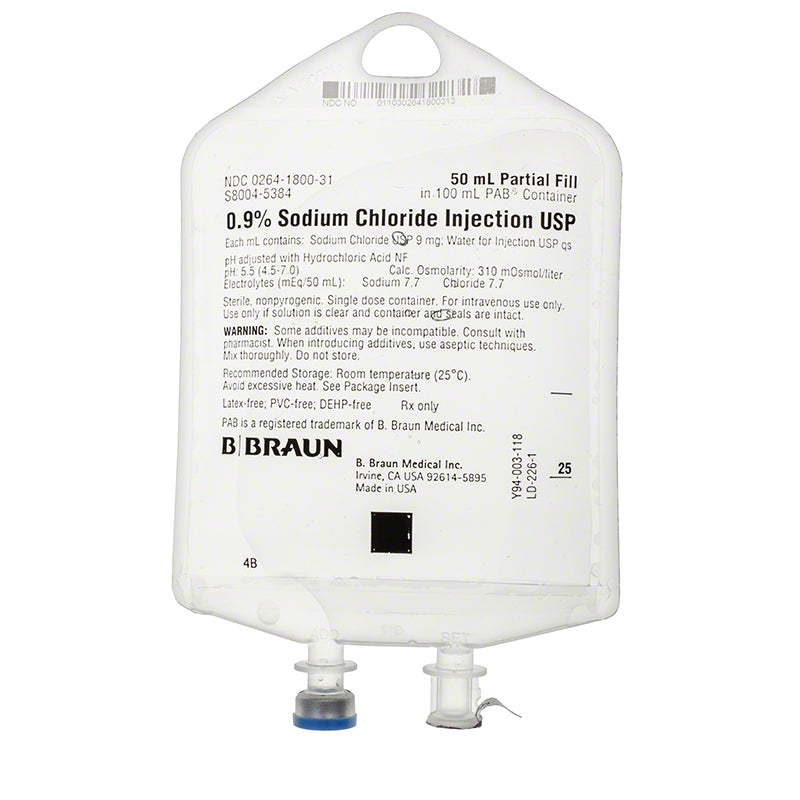 B. Braun S8004-5384 0.9% Sodium Chloride Injection USP, 50 mL Fill in 100 mL PAB® Container